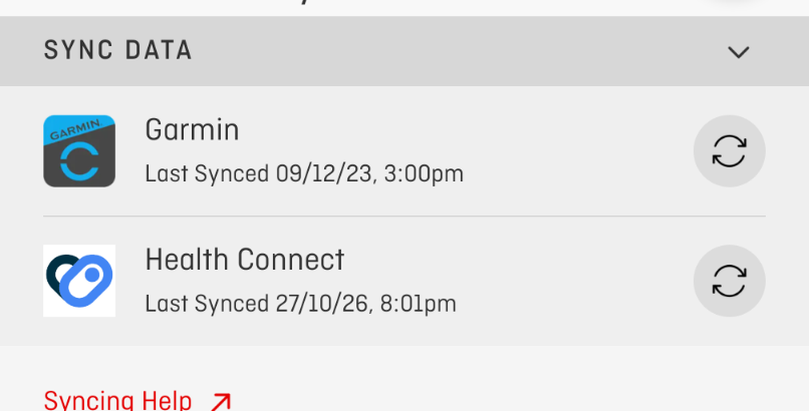 The Qantas Wellbeing sync screen showing Garmin last synced in 2023 and Health Connect synced today